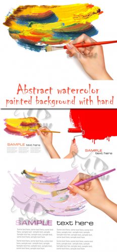 Abstract watercolor painted background with hand /       ...